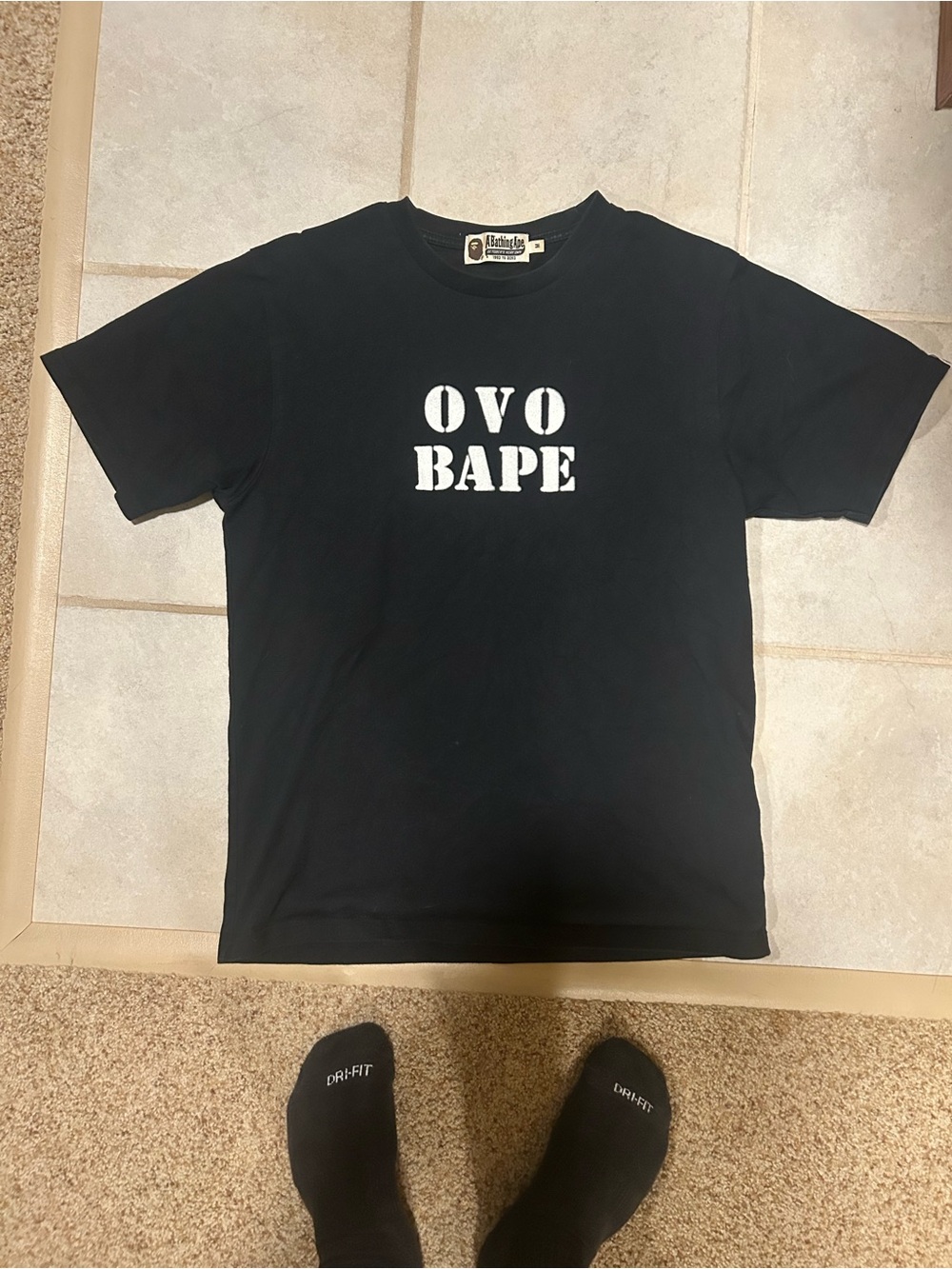 OVO BAPE Black Graphic Short Sleeve Tee - Men's Crewneck